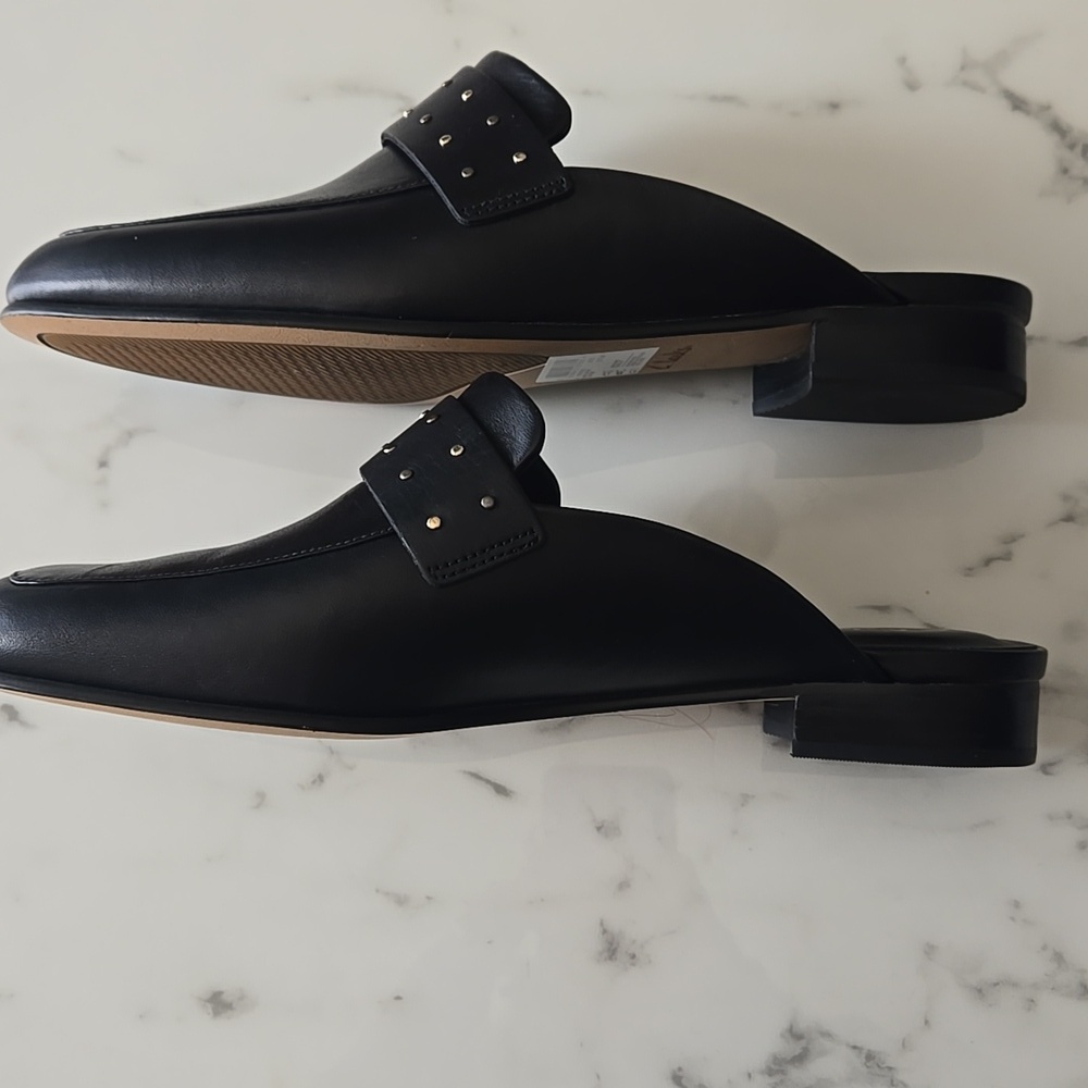 Clarks Pure Mule Black Leather Gold Studded Slip On Flats Cushion Soles Business - Picture 5 of 7